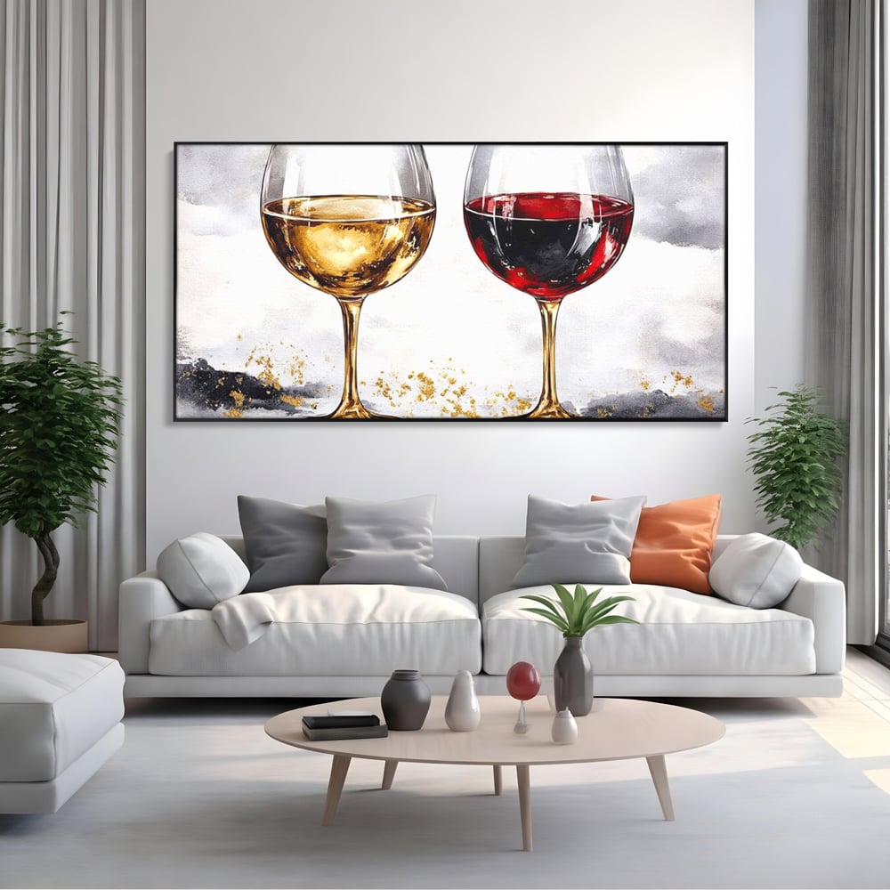 Tablou canvas cu tablou canvas cu doua pahare de vin, in rama de aluminiu negru, pe perete intr-un living